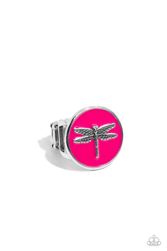 Debonair Dragonfly - Pink Peacock Painted Disc & Silver Dragonfly Ring Paparazzi R0007