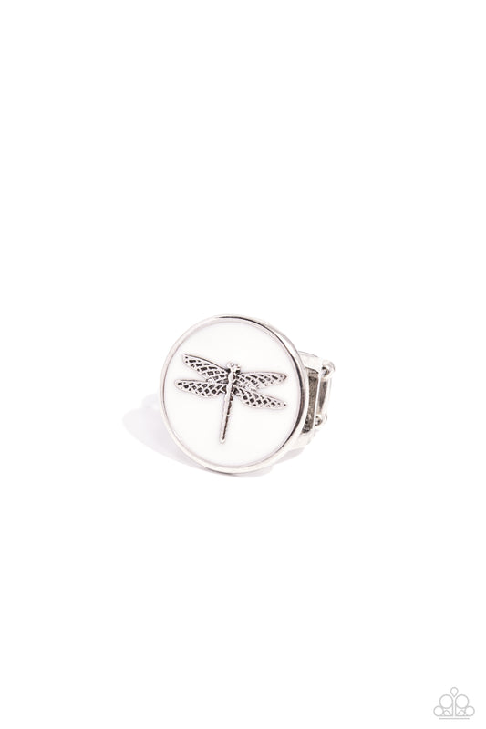 Debonair Dragonfly - White Painted Disc & Silver Dragonfly Ring Paparazzi R0872