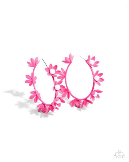 Flower Vine - Pink Peacock Acrylic Flower 1 1/2 Inch Hoop Earring Paparazzi E2320