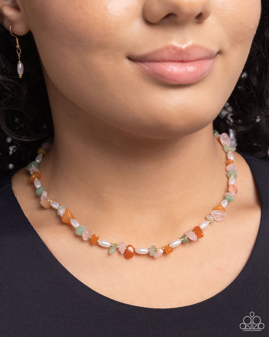 Natural Nuance - Multi Colored Stone Jade, Orange & Pink With White Baroque Pearl Bead Necklace Paparazzi