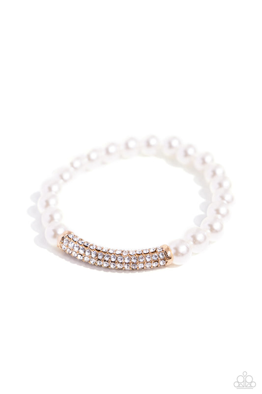Elegance Embodied - Gold, White Pearl & Rhinestone Stretch Bracelet Paparazzi B1626