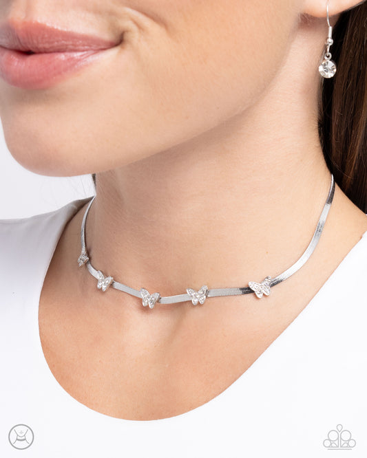 Fluttering Fame - White Rhinestone Butterfly Silver Snake Chain Choker Necklace Paparazzi N2203