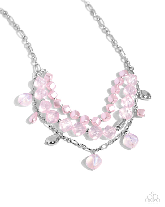 Cubed Cameo - Pink - Baby Pink Pearl, Clear Acrylic Silver Layered Necklace Paparazzi N2306