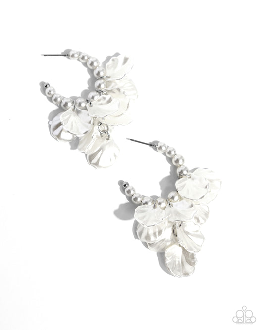 Frilly Feature - White Pearl Silver Fitting 1 Inch Hoop Earring Paparazzi E1942
