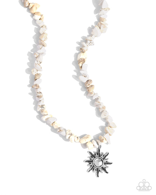 Dancing In The Sunlight - White Stone Pebble Silver Sunburst Pendant Urban Necklace Paparazzi N3197