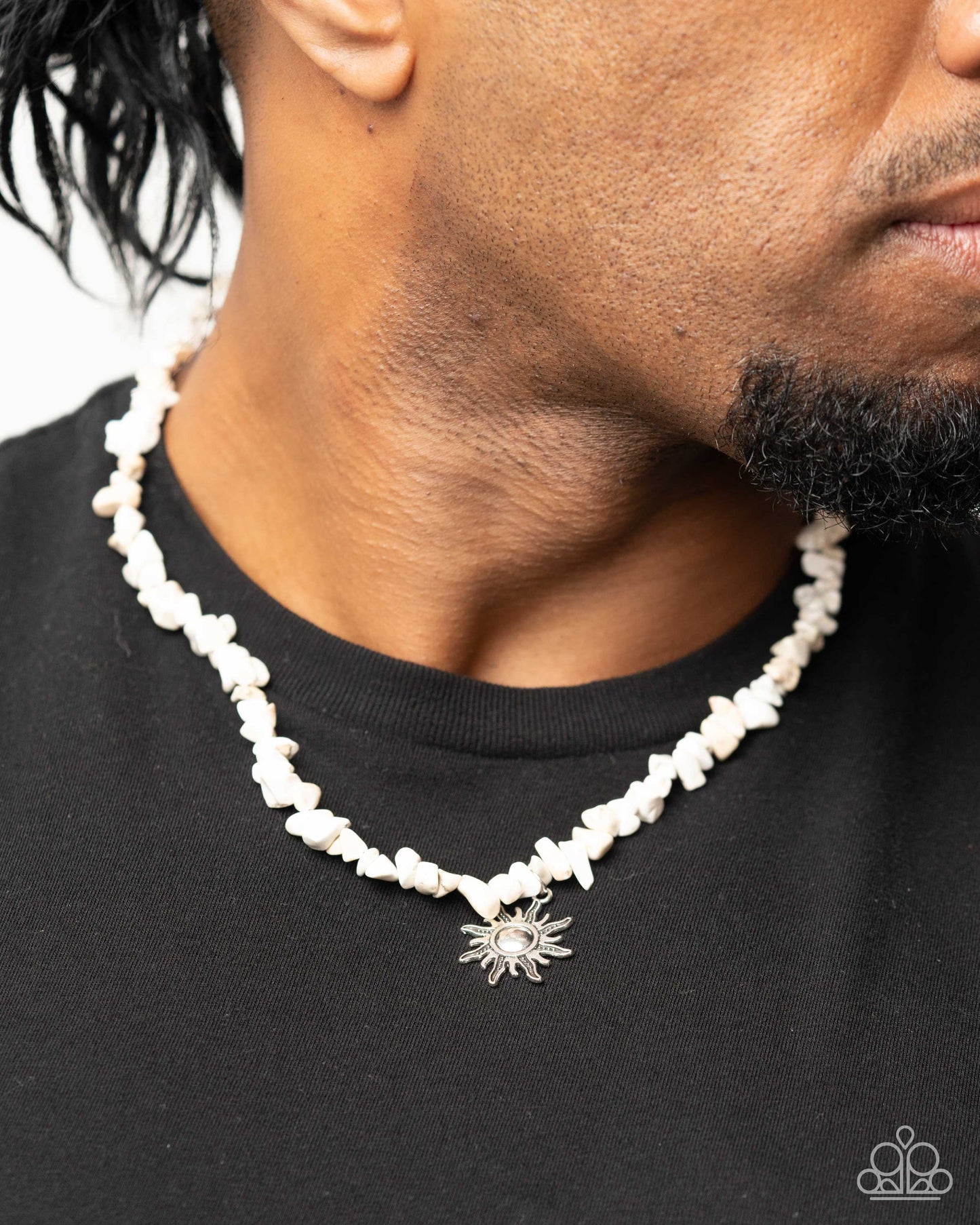 Dancing In The Sunlight - White Stone Pebble Silver Sunburst Pendant Urban Necklace Paparazzi N3197