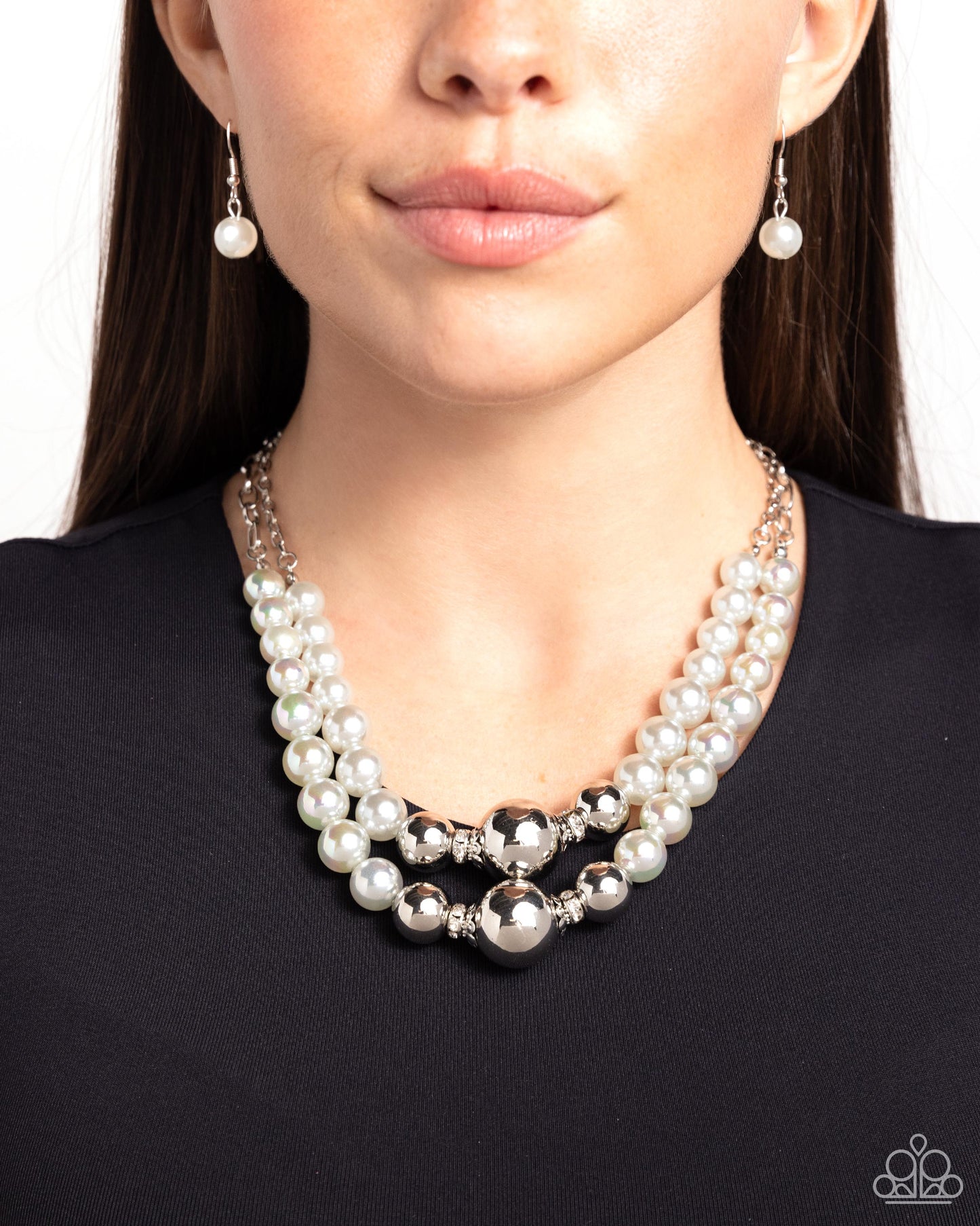Ballroom Balance - Silver High Sheen Bead, White & Glossy Gray Pearl Necklace Paparazzi N2715