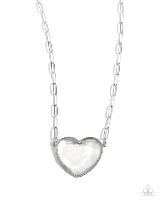 Seize the Sentiment - White Faux Shell Finish Silver Frame Heart Necklace Paparazzi N2700