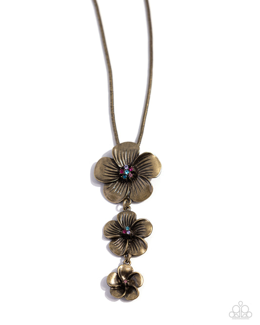 Wallflower Whimsy - Brass, Multicolored Rhinestone Flower Necklace Paparazzi N2737
