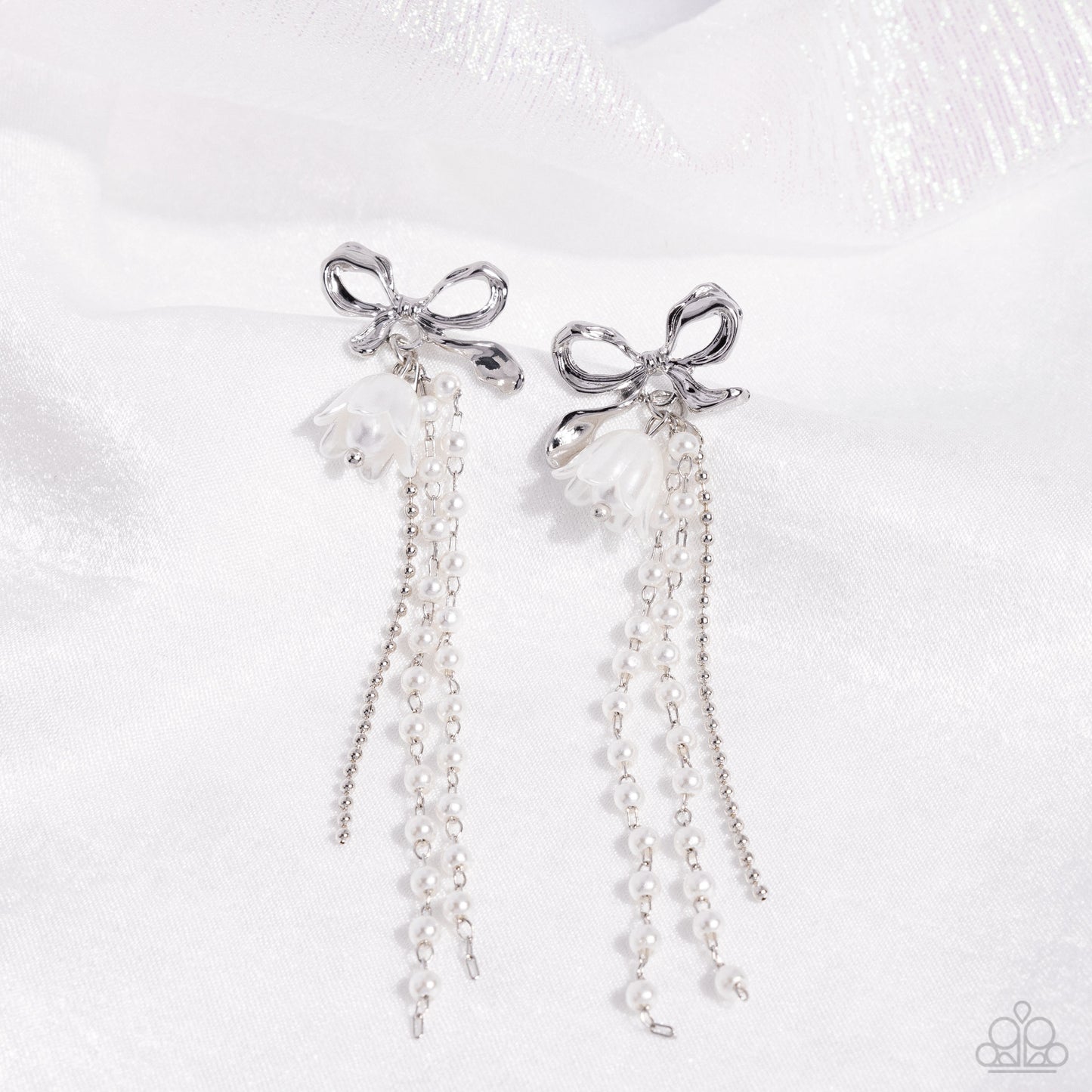 Garden Gain - White Pearl Silver Bow Girly Girl Post Earring Paparazzi E1856