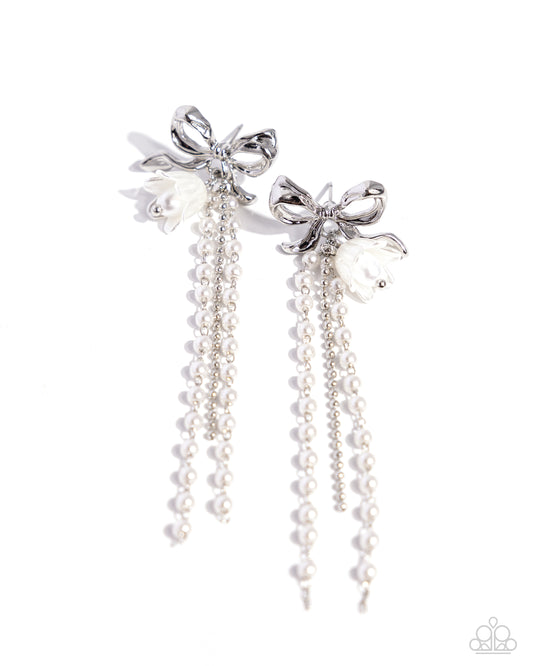 Garden Gain - White Pearl Silver Bow Girly Girl Post Earring Paparazzi E1856