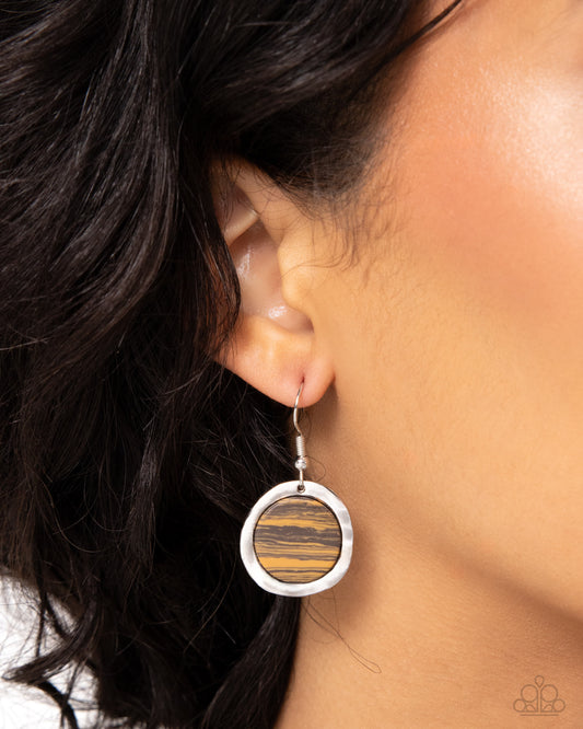 Pendant Paradox - Brown Wood-Like Stone Silver Earring Paparazzi