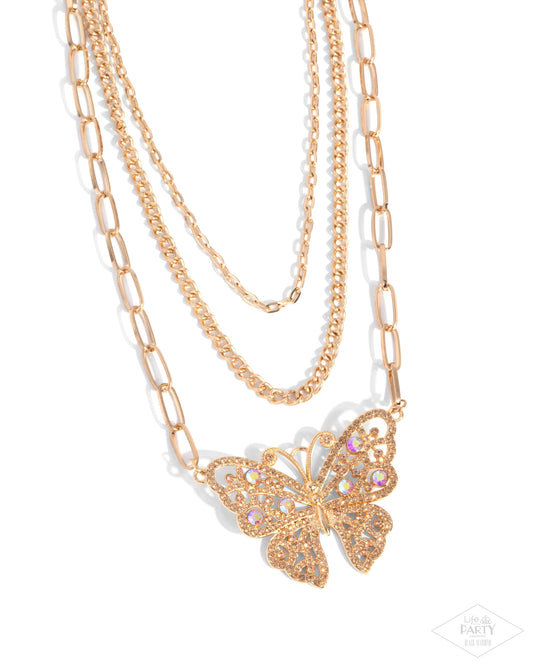Winged Wonder - Gold Butterfly Layered Chain Necklace Life Of The Party Black Diamond Encore Paparazzi N2964