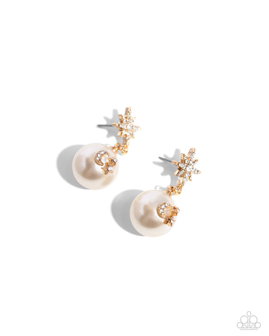 Cosmic Character - Gold Star, White Pearl & Rhinestone Post Earring Paparazzi E2698