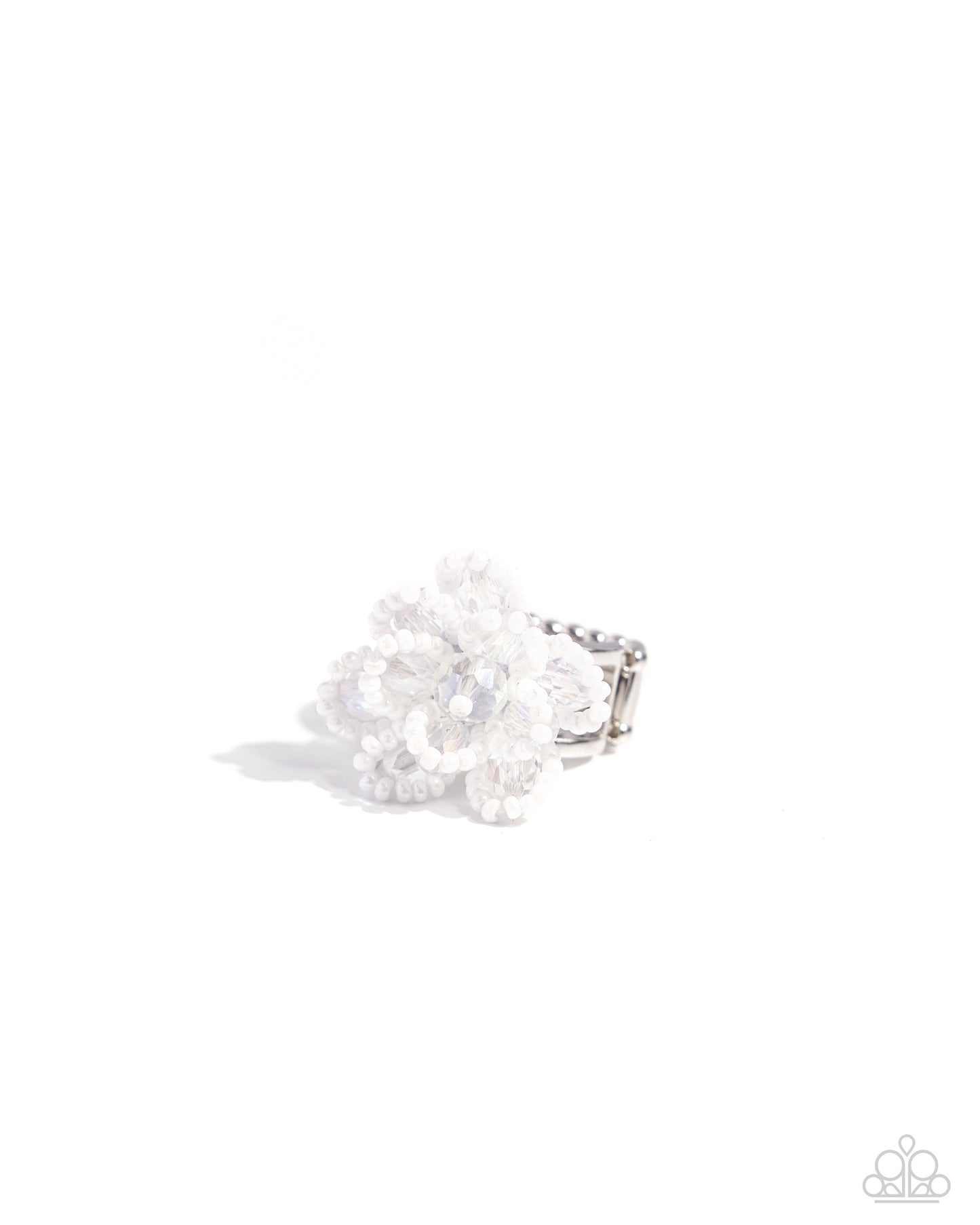 Beaded Boutonnière - White Crystal-Like Bead & Seed Bead Flower Ring Paparazzi R0868