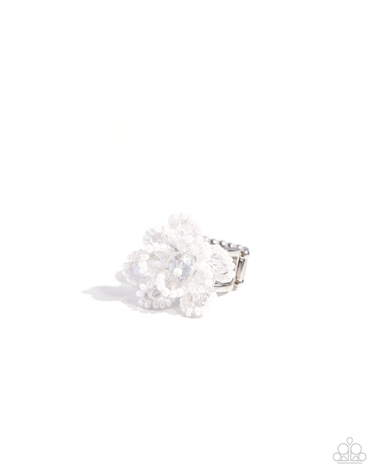Beaded Boutonnière - White Crystal-Like Bead & Seed Bead Flower Ring Paparazzi R0868