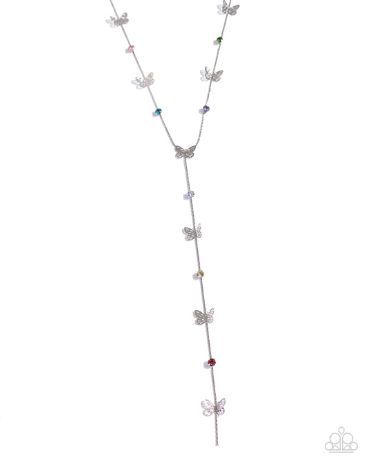 Aerial Attention - Multicolored Gem Silver Butterfly Y Necklace Paparazzi N2999