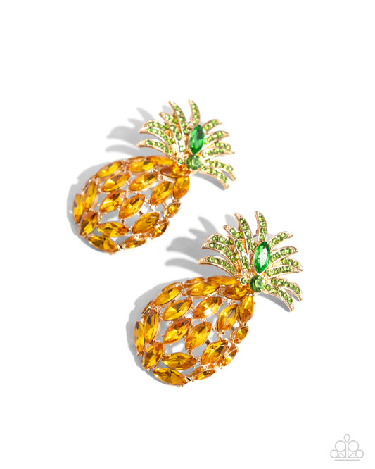 Pineapple Pizzazz - Yellow, Green Rhinestone & Gem Pineapple Post Earring Paparazzi E2071