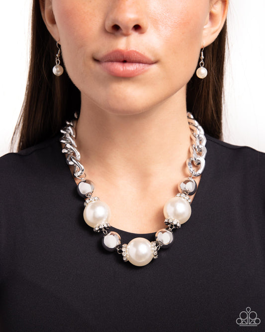 Generously Glossy - White Pear & Rhinestone, Silver Bead Necklace Paparazzi