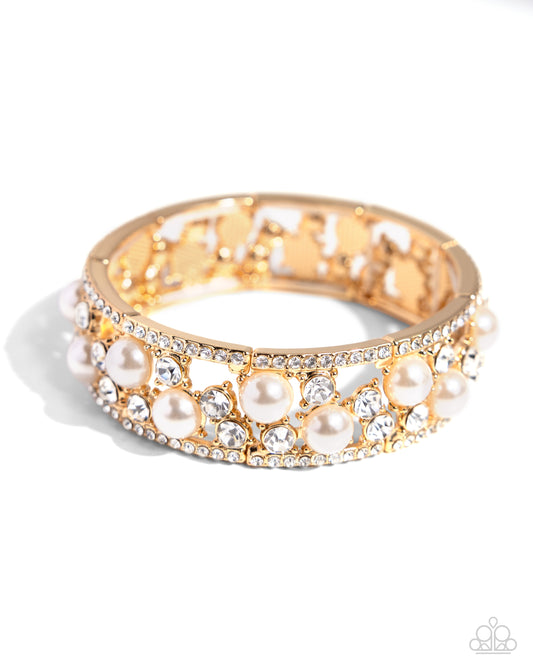 Opera Singer - Gold, White Gem & Pearl Stretch Bracelet Paparazzi B1670