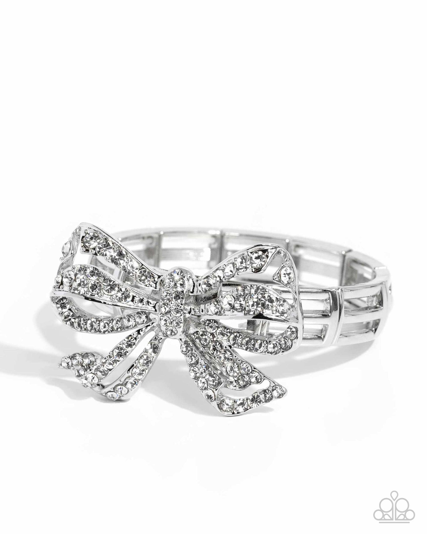 It's All A BOW To Me - White Rhinestone Silver Oversized Bow Stretch Bracelet Life Of The Party May 2024 Paparazzi B1577