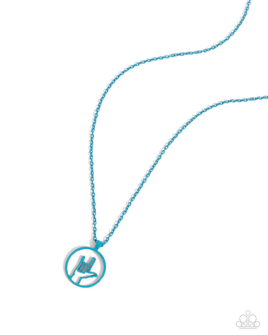 Abstract ASL - Blue Turquoise Hue ASL "I Love You" Sign Inspirational Necklace Paparazzi N2543