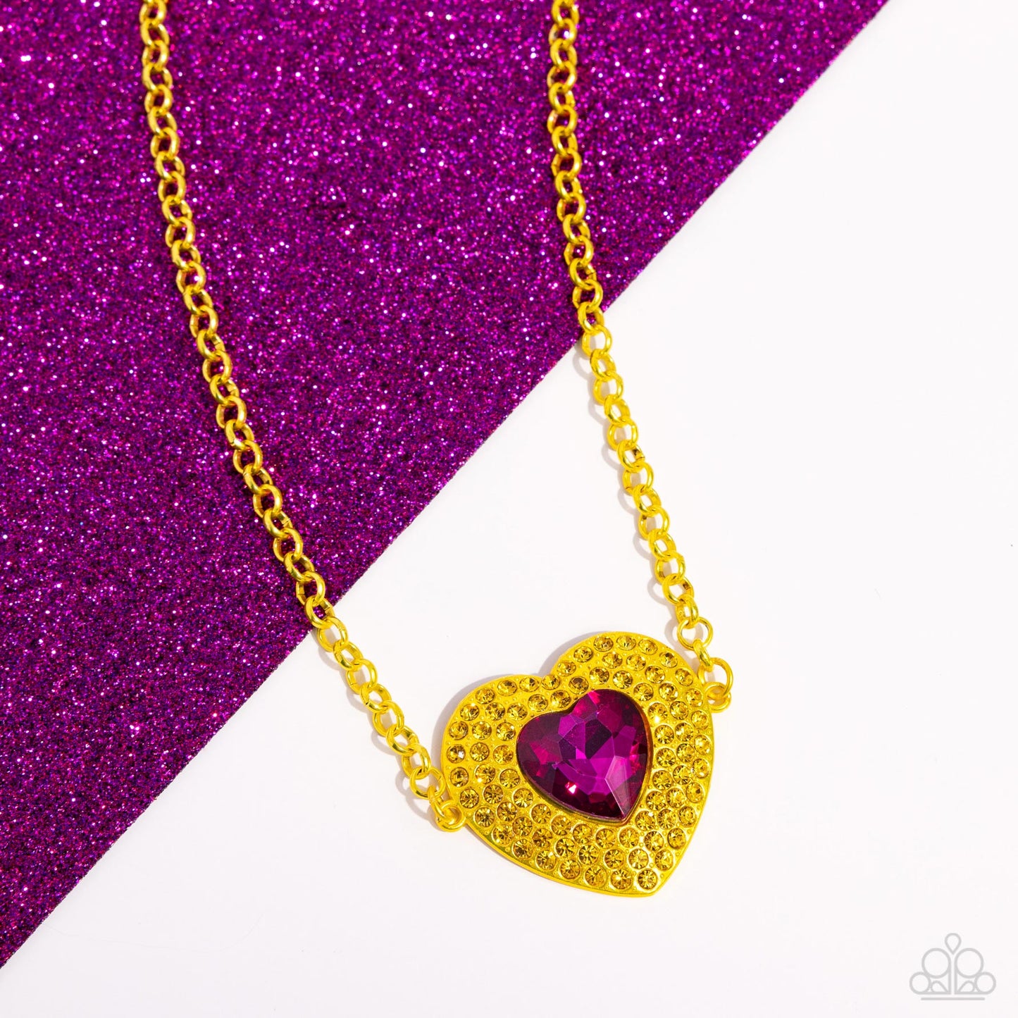 Locket Leisure - Yellow - Bright Yellow & Fuchsia Gem Oversized Heart Necklace Paparazzi N2660