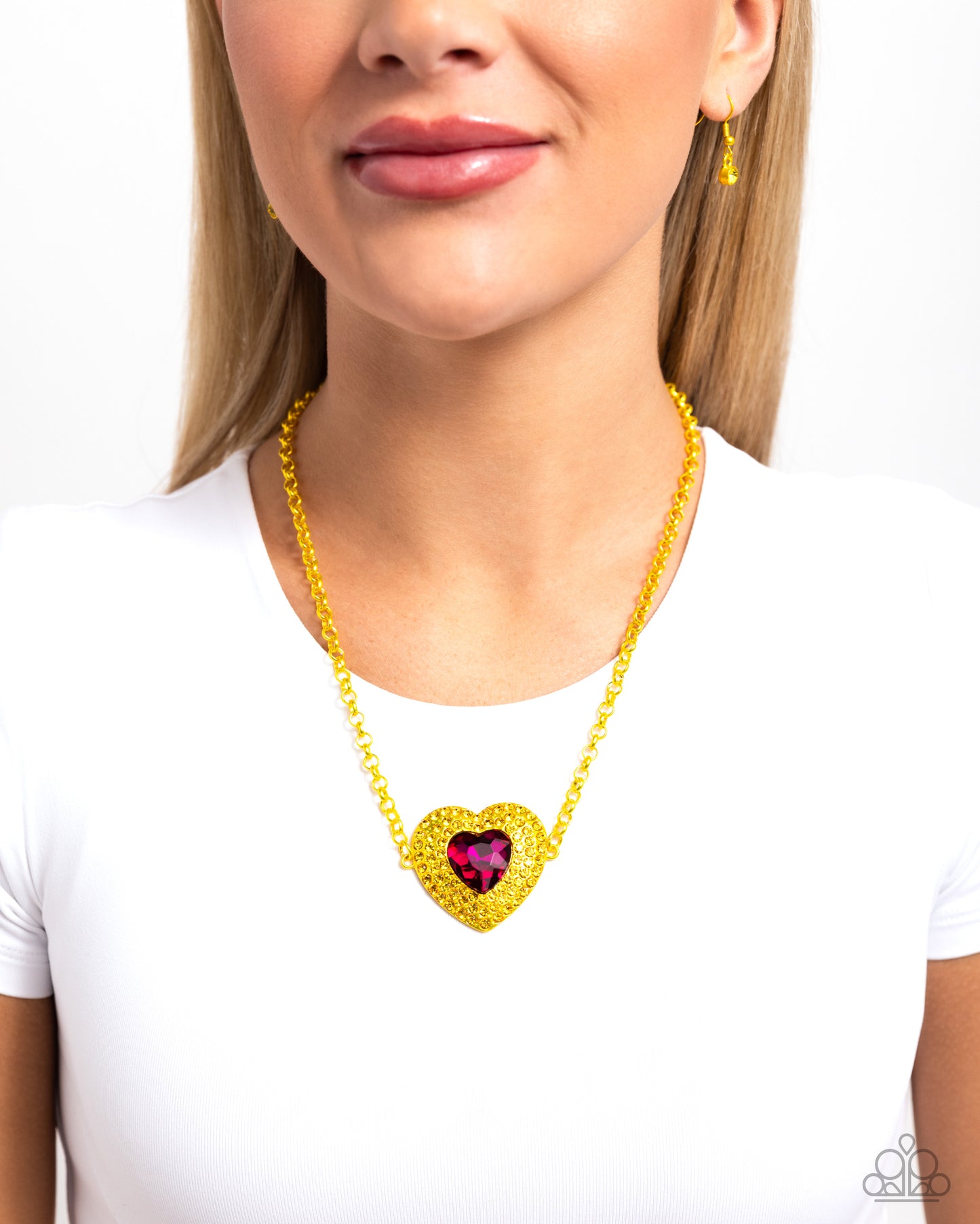 Locket Leisure - Yellow - Bright Yellow & Fuchsia Gem Oversized Heart Necklace Paparazzi N2660