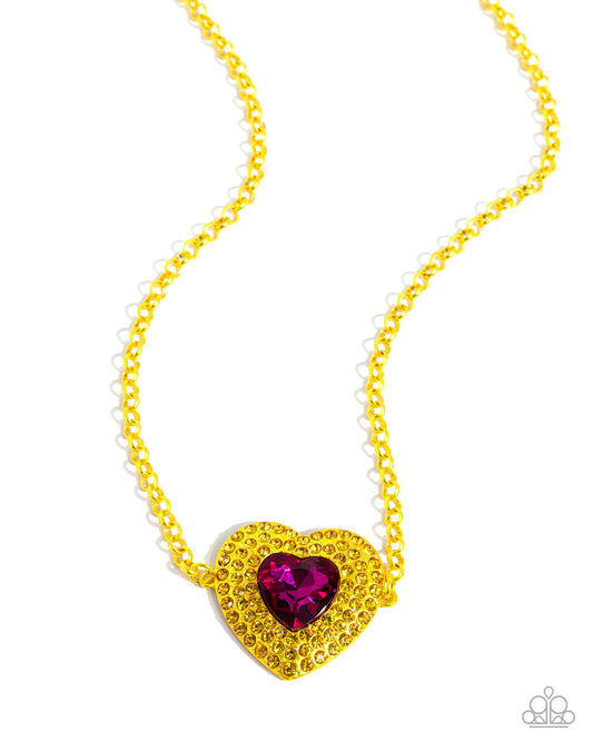 Locket Leisure - Yellow - Bright Yellow & Fuchsia Gem Oversized Heart Necklace Paparazzi N2660