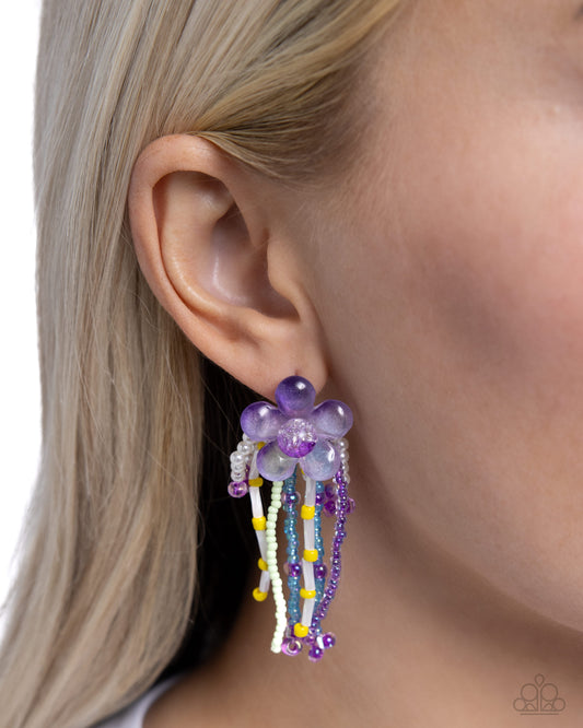 Japanese Blossoms - Purple Acrylic Flower Glassy & Pearlized Seed Bead Flower Earring Paparazzi E2252