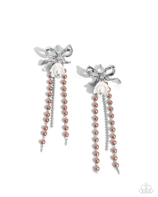 Garden Gain - Brown Pearl, Silver Chain Fringe & White Tulip Flower Earring Paparazzi E2378