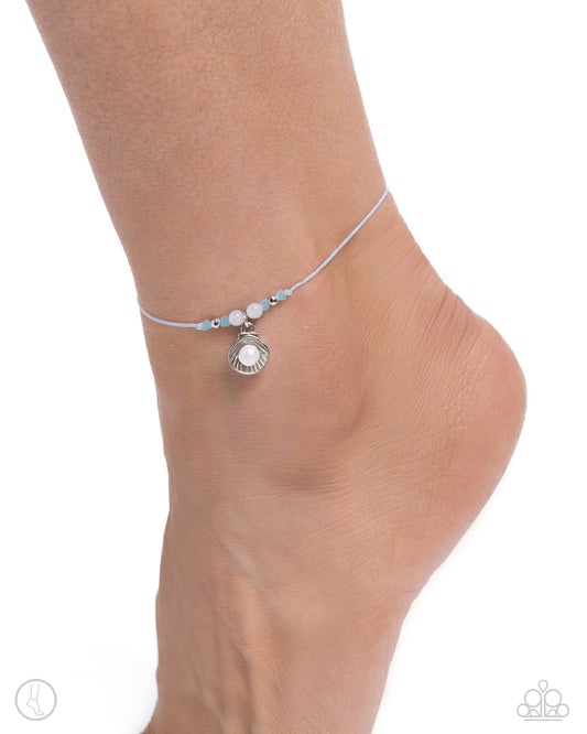 Oyster Overture - Blue - Light Blue Braided Cord Silver Oyster Shell & Pearl Bead Anklet Paparazzi B1548