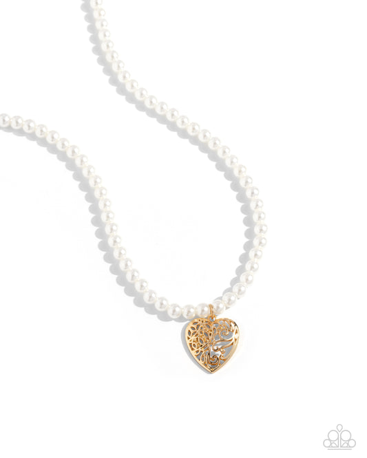 Filigree Infatuation - Gold Filigree Heart White Pearl Bead Necklace Paparazzi N2252