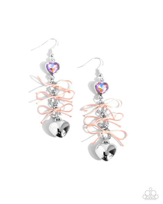 K-Pop Keepsake - Orange Desert Flower String Bow UV Shimmer Silver Heart Earring Paparazzi E2593