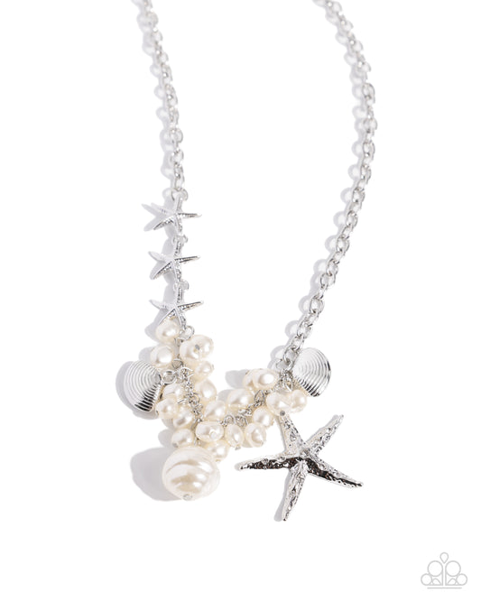 Cabo Coast - White Pearl, Silver Seashells, Starfish Charm Necklace Paparazzi N2348