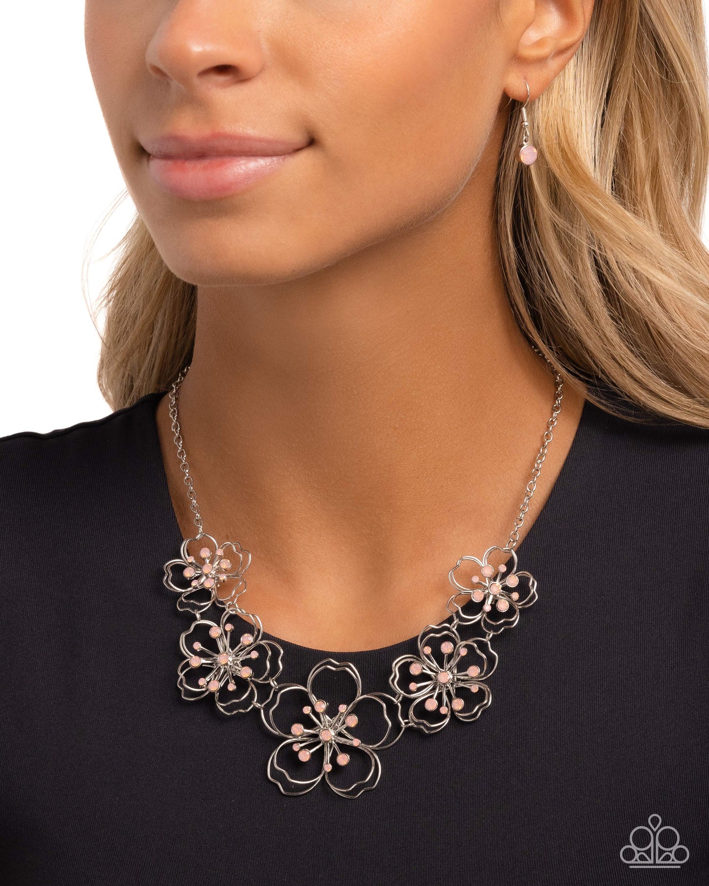 Wiry Wallflowers - Pink, Light Pink Opalescent Rhinestone Flower Necklace Paparazzi N3410