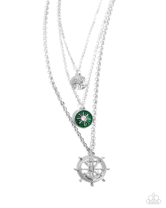 Anchor Arrangement - Green & Silver Sunburst Layered Beach Theme Necklace Paparazzi N2242