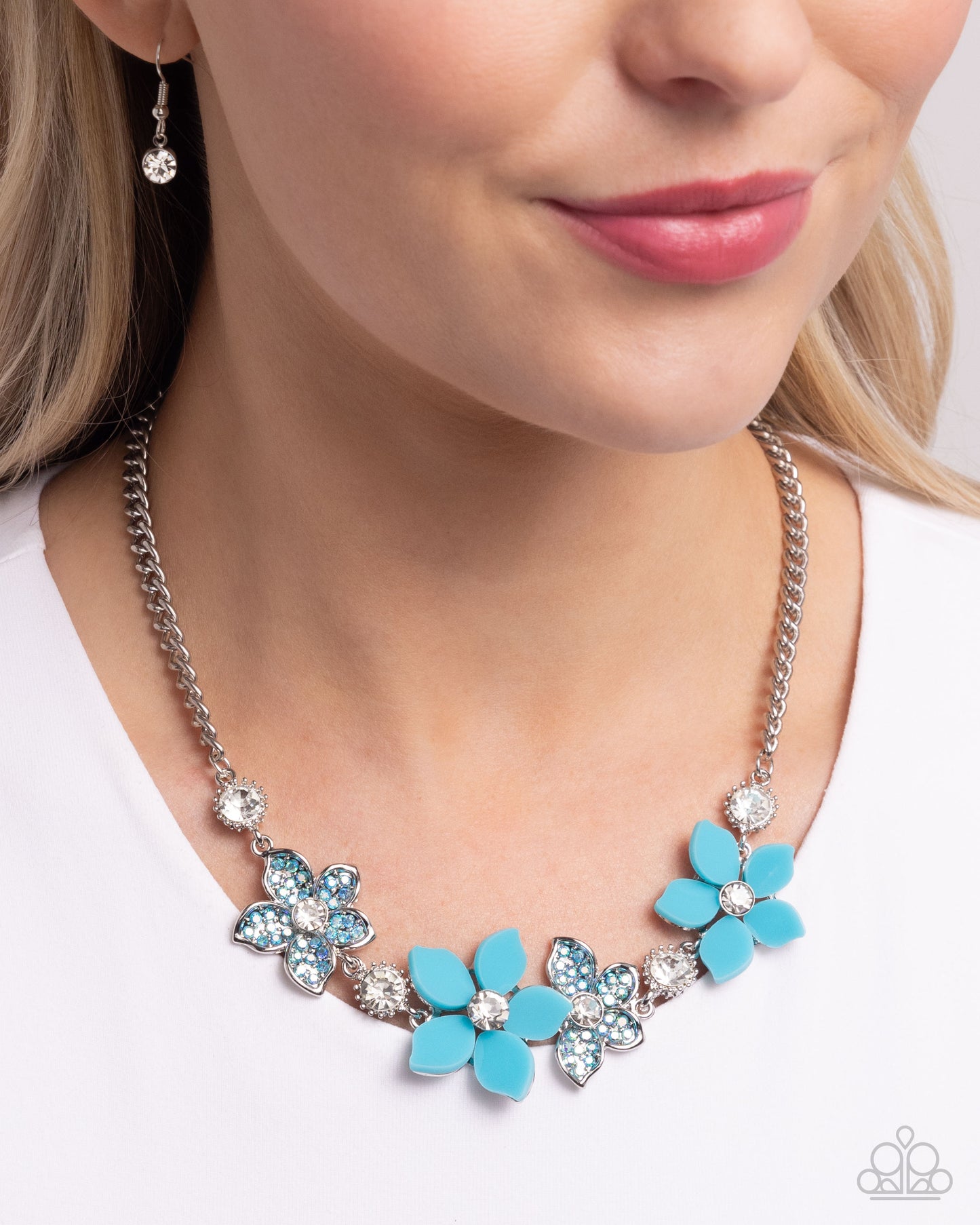 Bouquet Ballad - Blue Capri & Blue Iridescent Rhinestone Flower Necklace Paparazzi