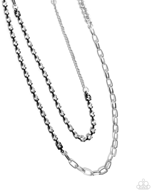 Boxy Brilliance - Black Painted Square Fittings, White Rhinestone & Silver Paperclip Chain Necklace Paparazzi N2751
