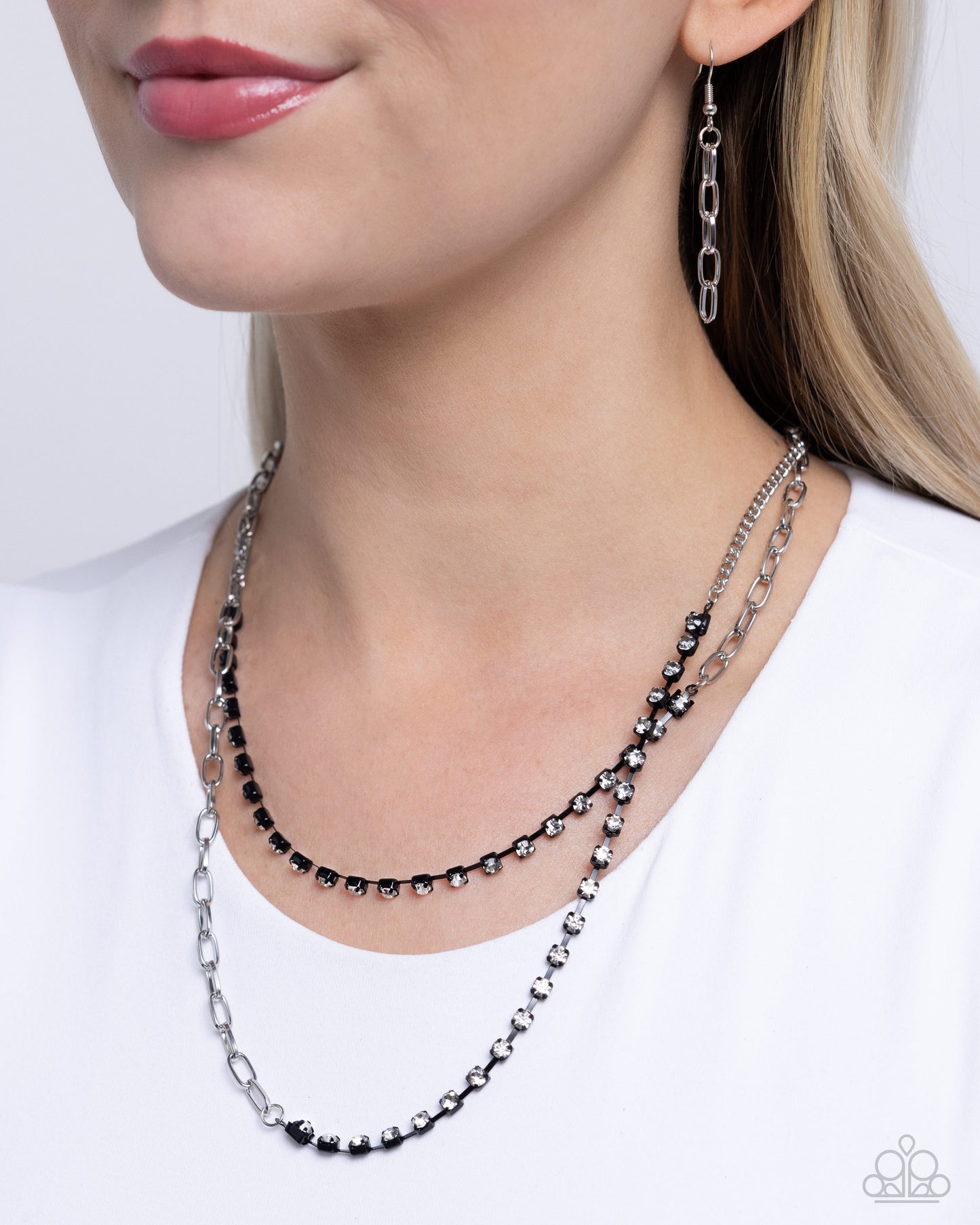 Boxy Brilliance - Black Painted Square Fittings, White Rhinestone & Silver Paperclip Chain Necklace Paparazzi N2751