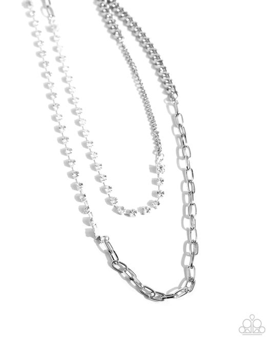 Boxy Brilliance - White Rhinestone Silver Paperclip Chain Necklace Paparazzi N2735