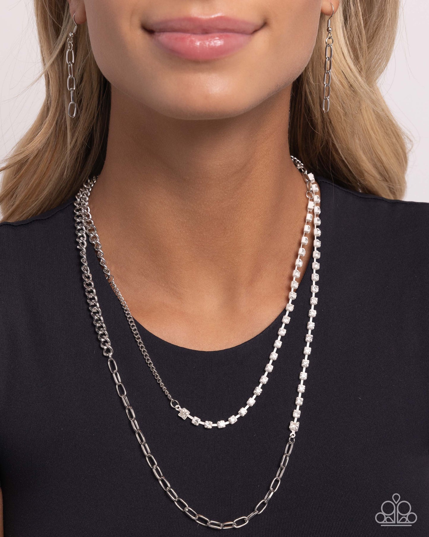 Boxy Brilliance - White Rhinestone Silver Paperclip Chain Necklace Paparazzi N2735