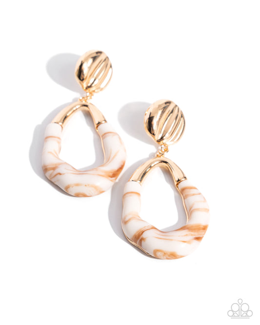 Paparazzi High-Sheen Swirls - Gold, Ivory Brown Swirl Painted Wavy Teardrop E2104