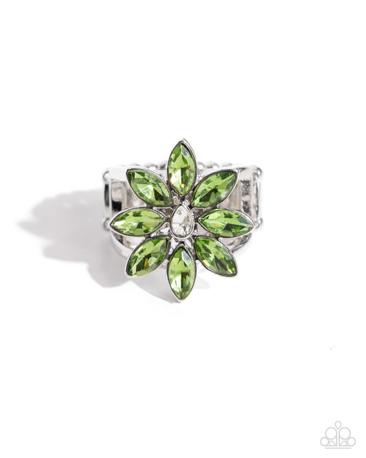 Petaled Performance - Green Marquise Gem Flower Ring Paparazzi R0707