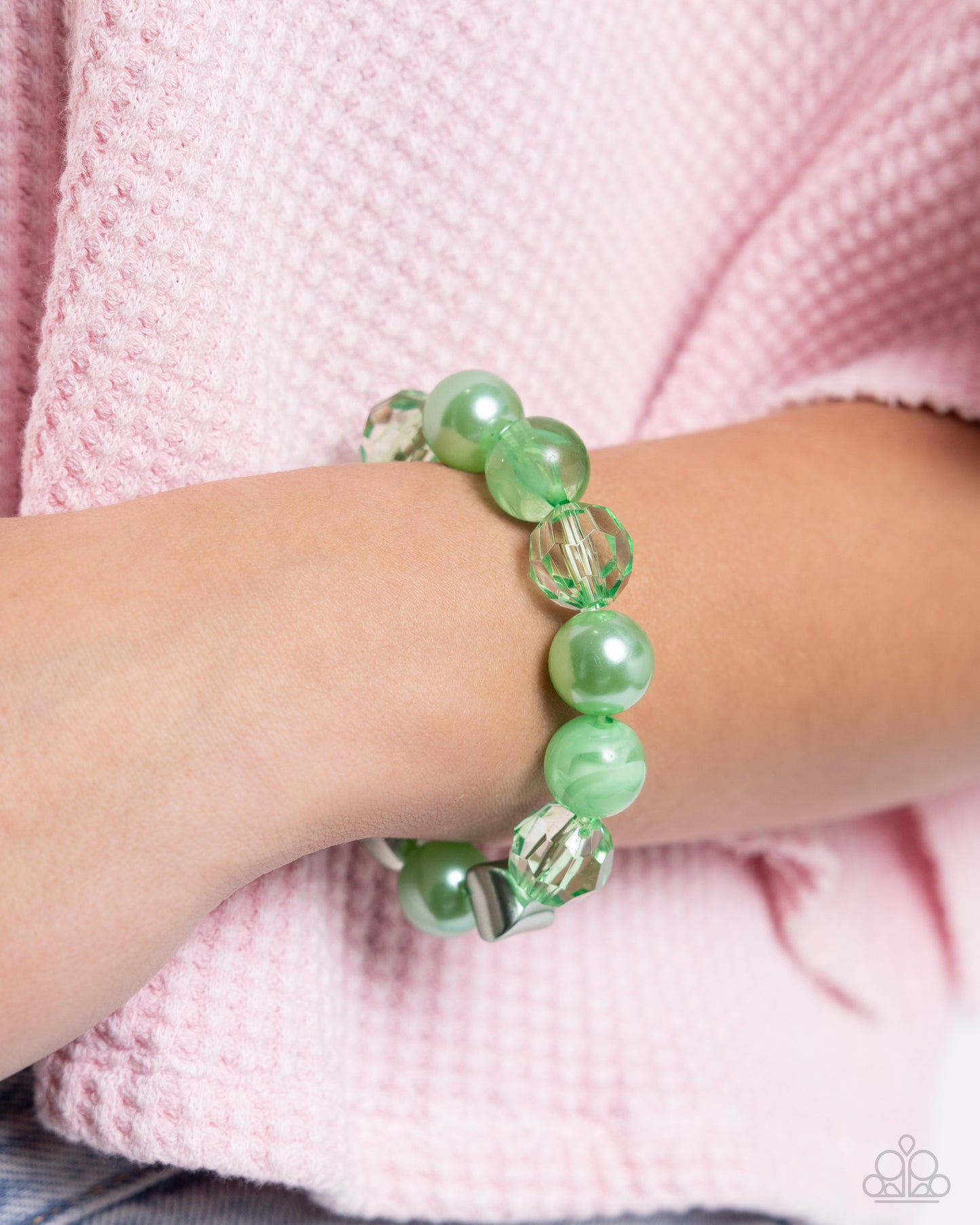 Plentiful Pigment - Green Clear, Glossy Pearl Bead Stretch Bracelet Paparazzi B1840