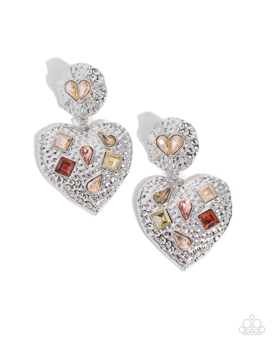 Paparazzi Antiqued Allure - Brown Topaz, Pink Gem Silver Hammered Heart Earring E2313