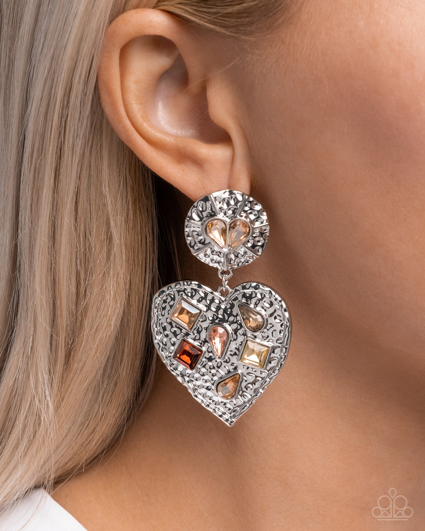 Antiqued Allure - Brown Topaz, Pink Gem Silver Hammered Heart Earring Paparazzi E2313