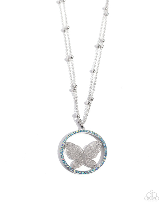 Festive Flight - Blue Iridescent Rhinestone & Silver Filigree Butterfly Necklace Paparazzi N2470