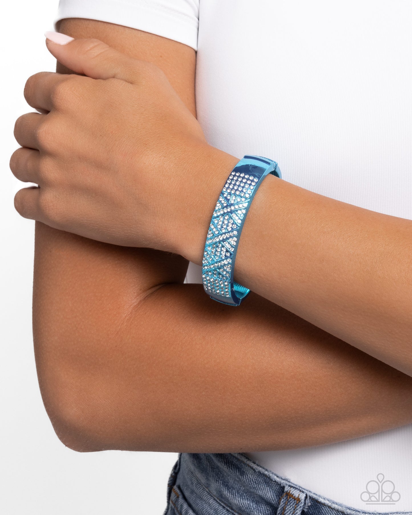 Refulgent Rebel - Blue Metallic White Rhinestone Hinge Bracelet Paparazzi B1533