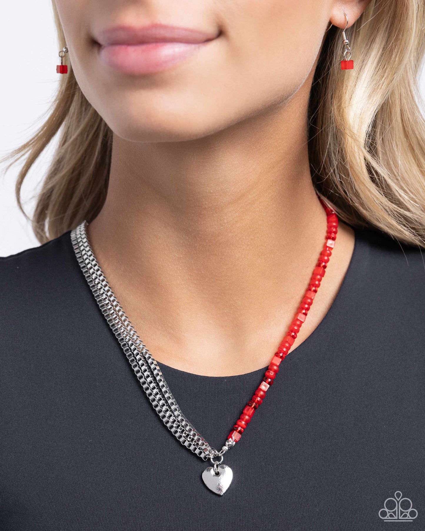 Squared Sweetheart - Red Bead, Silver Box Chain & Heart Necklace Paparazzi N2758